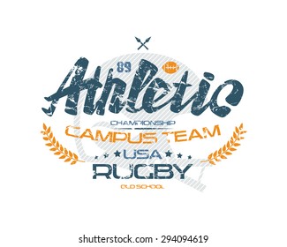 Rugby typographic emblem with shabby texture. Graphic design for t-shirt. Color print on white background