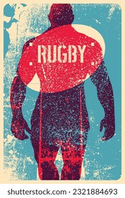 Rugby typographical vintage grunge style poster design with athletic player silhouette. Retro vector illustration.