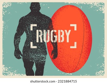 Rugby typographical vintage grunge style poster design with athletic player silhouette. Retro vector illustration.