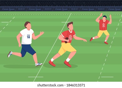 Rugby union flat color vector illustration. Athlete play american football. League match on field. Team training. Professional sportsmen 2D cartoon characters with landscape on background