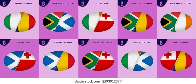 Rugby versus icons for Pool B of international rugby tournament 2023, all games of pool B. Vector illustration.