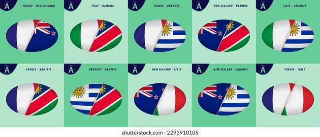 Rugby versus icons for Pool A of international rugby tournament 2023, all games of pool A. Vector illustration.