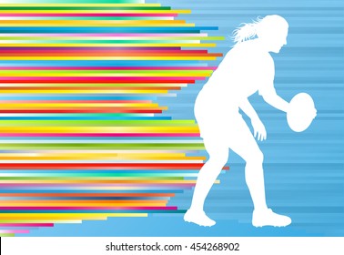 Rugby woman player active sport silhouette abstract background vector illustration with stripes