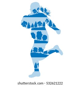 Rugby woman player active sport vector background illustration concept made of forest trees fragments isolated on white