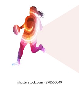 Rugby woman player silhouette vector background colorful concept made of transparent curved shapes