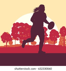 Rugby woman player vector background landscape with forest trees and field