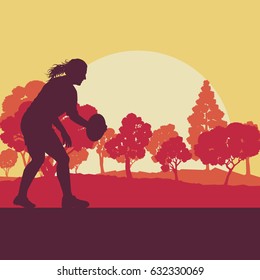 Rugby woman player vector background landscape with forest trees and field