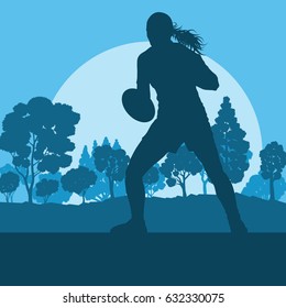 Rugby woman player vector background landscape with forest trees and field