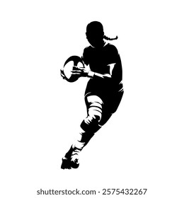 Rugby, woman running with ball, front view. Isolated vector silhouette, clipart. Team sports