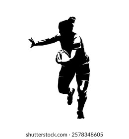 Rugby, woman running with ball, front view. Isolated vector silhouette, clipart. Team sports