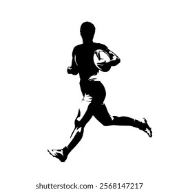 Rugby, woman running with ball, side view. Isolated vector silhouette, ink drawing. Team sport athlete