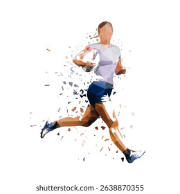 Rugby, woman running with ball, side view. Isolated low polygonal vector illustration, polygonal drawing with distortion effect. Team sport athlete clipart
