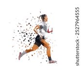 Rugby women, female rugby player running with ball, low poly isolated vector illustration