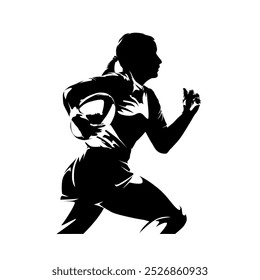 Rugby women, female rugby player running with ball, isolated vector silhouette