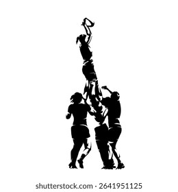 Rugby women, line-out. Lifters with jumper. Set-piece, isolated vector silhouette. 