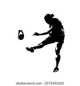 Rugby women, woman kicking ball, isolated vector silhouette. Team sports