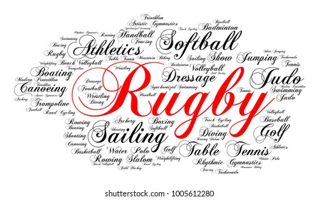 Rugby. Word Cloud, Elegant Cursive Font, White Background. Summer Sports.