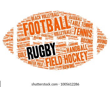 Rugby. Word cloud in the form of rugby ball, white background. Summer sports.