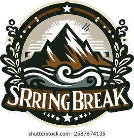 A rugged and adventure-themed Spring Break logo featuring mountains, a beach, and waves in a vector style. Ideal for travel and outdoor experiences