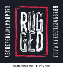 Rugged Alphabet Font. Damaged Grunge Letters And Numbers. Vector Typescript For Your Design.