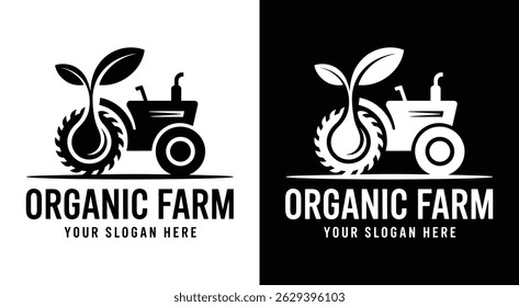 A rugged black logo merging a tractor with sprouting seed, symbolizing mechanized farming and organic growth. Perfect for sustainable farms, agricultural co-ops, and farm-to-table brands