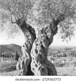 Ilustração em padrão de pontos escarpados de uma oliveira antiga com um tronco denso e retorcido. Este design intemporal simboliza a paz, a longevidade e a história natural. Perfeito para folhetos de viagem mediterrâneo, marca de óleo orgânico e sinalização de jardim patrimônio. A textura de meio-tom realça a casca áspera e as ramificações espalhadas realisticamente. Vetor de alta qualidade para layouts majestosos e cênicos da natureza.