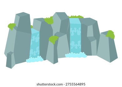 Rugged gray cliffs frame a flowing turquoise waterfall. Green moss dots each stone with natural charm. Water cascades down in gentle, frothy streams