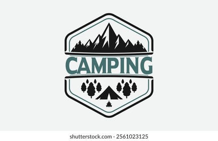 Rugged mountain peaks, dense forests, and a cozy campsite. Perfect for outdoor adventures, Ready To Print Camping Vector T Shirt Design Template, Wall Art, Mug, Sticker, Banner, Tee, Hoodie, Printable