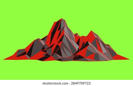 A rugged mountain range featuring sharp geometric facets colored in deep shades of crimson and slate grey 