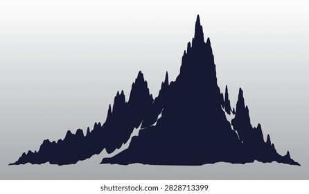 Rugged mountain range silhouette with sharp rocky peaks and ridges, dark blue alpine landscape graphic vector isolated on a smooth gradient background.