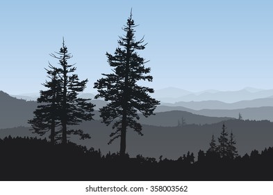 Rugged mountainside with evergreen trees in the foreground.