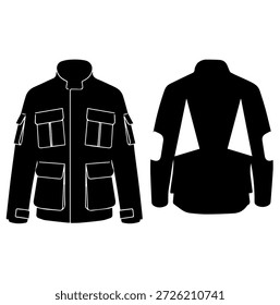 Resistente chaqueta de campo de bolsillo múltiple con cuello alto y Ilustración vectorial de silueta de parches de codo reforzados para ropa de utilidad al aire libre