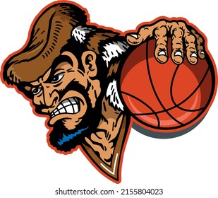 rugged pioneer mascot holding basketball for school, college or league