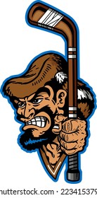 rugged pioneer mascot holding hockey stick for school, college or league sports