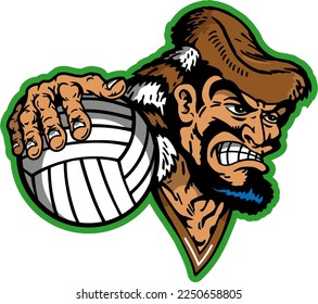 rugged pioneer mascot holding volleyball for school, college or league sports