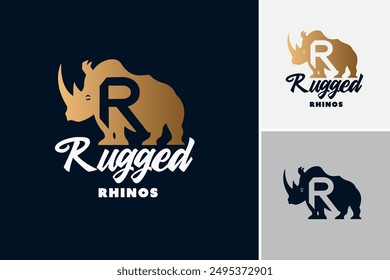 Rugged Rhinos Logo: Letter R forms rugged rhinos, epitomizing toughness and resilience, perfect for outdoor gear or adventure brands. Layered EPS Vector