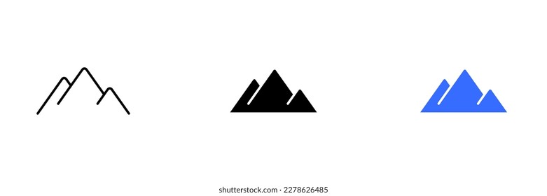 A rugged and rocky mountain illustration, representing challenge, resilience, and determination. Vector set of icons in line, black and colorful styles isolated.