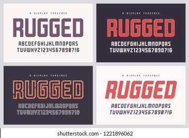 Rugged san serif vector font, alphabet, typeface, uppercase letters and numbers. Global swatches.