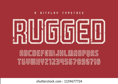 Rugged vector display typeface, font, uppercase letters and numbers, alphabet, typography. Global swatches.