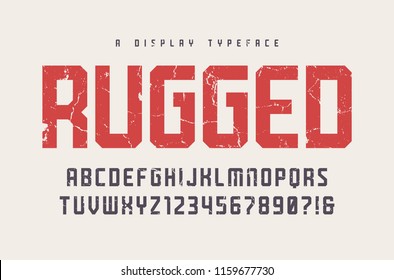 Rugged vector display typeface, font, uppercase letters and numbers, alphabet, typography. Global swatches.