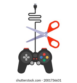 ruin the gamepad by cutting the wire with scissors. flat vector illustration.