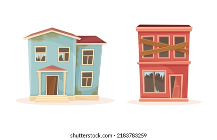 Ruined and abandoned buildings set. Old damaged city buildings cartoon vector illustration