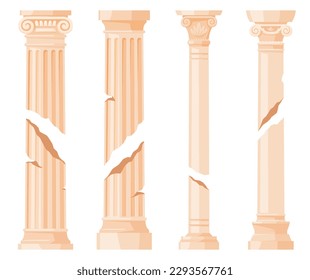 Ruinierte alte römische oder griechische Säulen mit Rissen. Alte Architektur Klone für Pantheon, Tempel. Schöne, geschmückte Säulen. Vektorgrafik