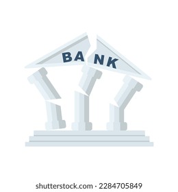 Ruined bank. Banking collapse. Financial crisis. Bankruptcy icon. Bank building in cracks. Vector illustration flat design. Isolated on white background.