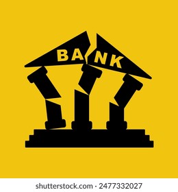 Ruined bank. Banking collapse. Financial crisis. Bankruptcy icon. Bank building in cracks. Vector illustration flat design. Isolated on white background.