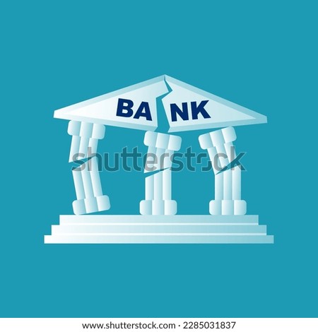 Ruined bank. Banking collapse. Financial crisis. Bankruptcy icon. Bank building in cracks. Vector illustration flat design. Isolated on white background.