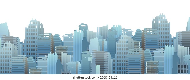 Ruined big modern city. Apocalypse scene. Armageddon death of civilization in war or environmental disaster. Flat style. Seamless Illustration isolated on white background. Vector.