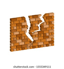 Ruined brick wall.Vector isometric and 3D view.