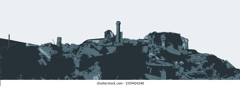 Ruined building. A pile of concrete, rubble and reinforcement debris. isolated.