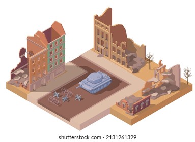 Ruined buildings in destroyed with war city isometric vector illustration